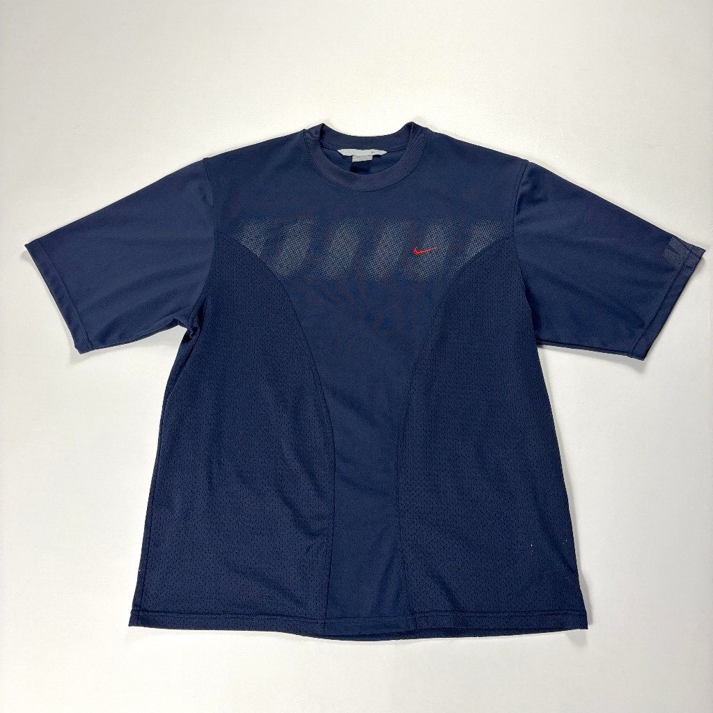 Vintage Y2k Nike Mens Mesh Athletic Shirt Navy Blue Sz L Swoosh Spellout Sleeve